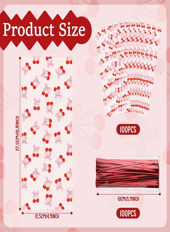 Yexiya 100pcs Cherry Cellophane Clear Treat Bags Pink Bows Candy Gift Bag with Ribbon Coquette Printed Plastic Goodie Snack Bags for Valentines Baby Shower Birthday Wedding Party Favors - Image 2